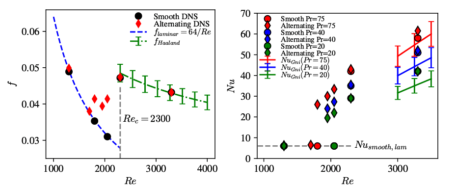 DNS simulation results for both the friction factor and the Nusselt number. (Source: (Hidman N., 2025))