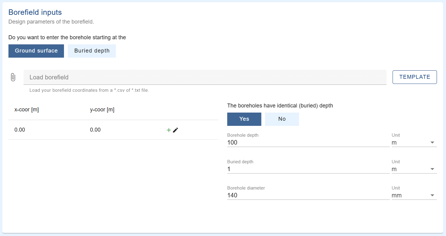 Print screen of the borefield inputs.