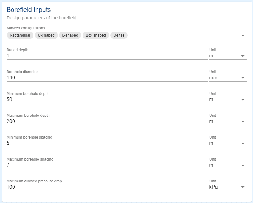 Print screen of the borefield input bounds.